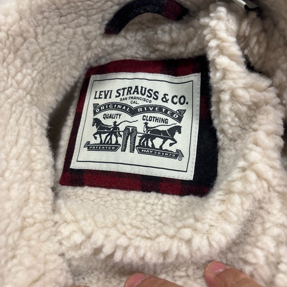 Levi's Cherry Plaid Trucker Wool Blend Sherpa Jacket Mens Size Small Warm - Picture 7 of 9